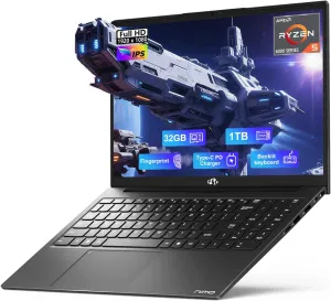NIMO 15.6 FHD-Business-Gaming-Laptop, 6-Cores 660M GPU, AMD Ryzen 5 6600H 32GB DDR5 1TB SSD (Beat i5-12450H, Up to 4.5GHz) IPS Laptop Computer with 100W Type C Fingerprint Backlit Keyboard Win 11