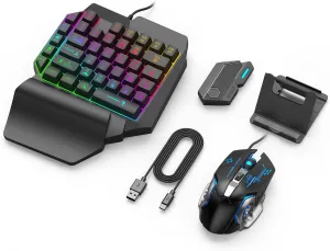 One Handed Gaming Keyboard and Mouse Combo, RGB Rainbow Backlit 35 Keys Half Hand Gaming Keyboard and Mouse Set with Wrist Rest Support and Converter for
