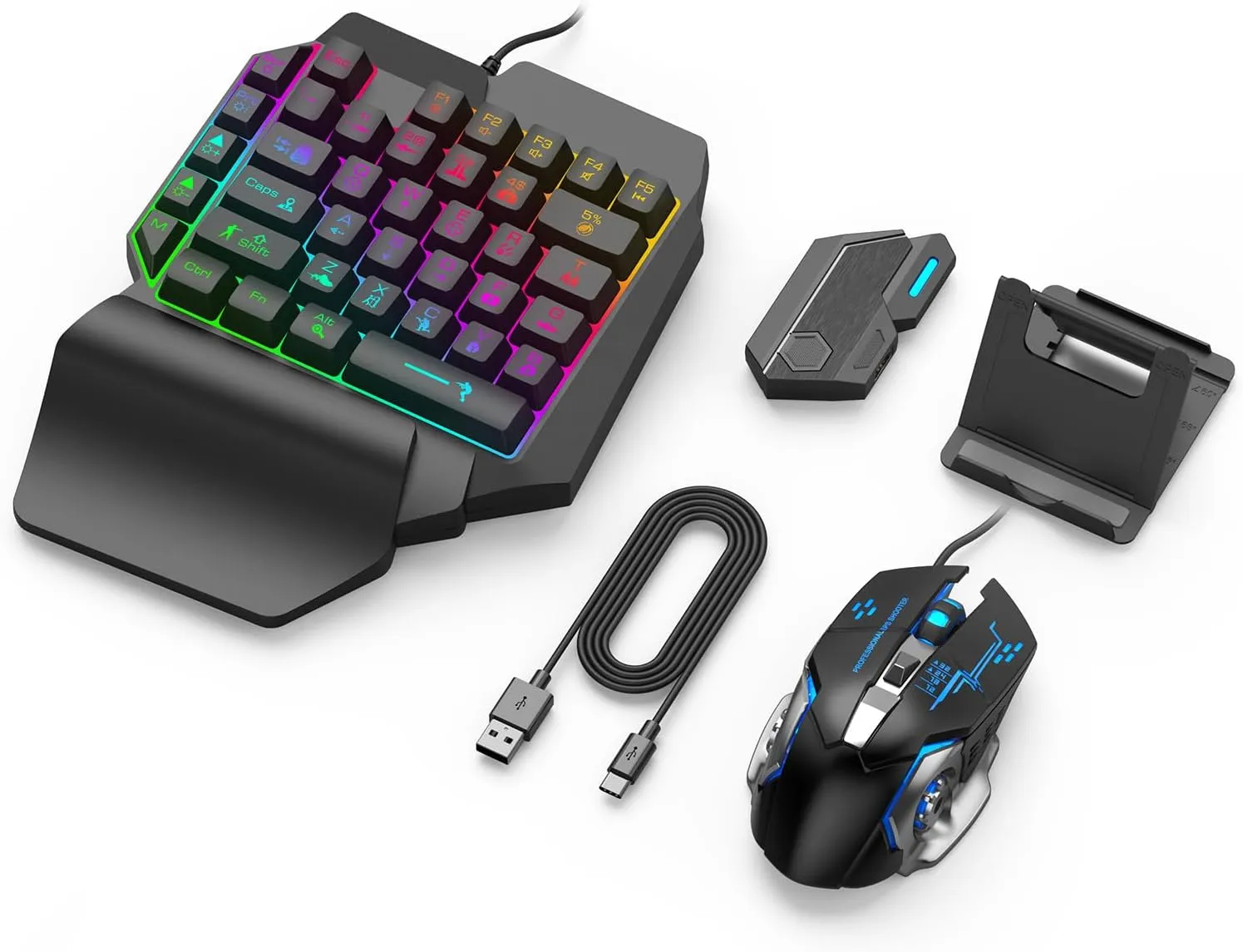 One Handed Gaming Keyboard and Mouse Combo, RGB Rainbow Backlit 35 Keys Half Hand Gaming Keyboard and Mouse Set with Wrist Rest Support and Converter for