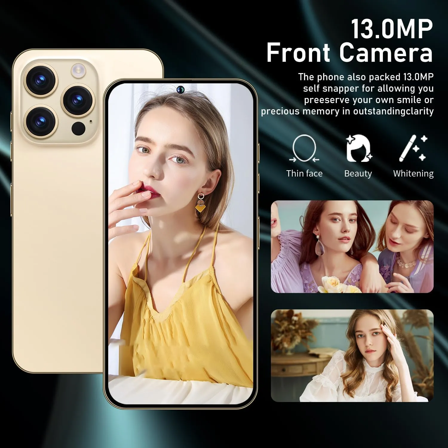 Phone A14ProMax Dual SIM Unlocked Phones for Intl Travel, 6.8 HD Android 13 Smartphone with Face ID/Fingerprint Lock, Snapdragon 8Gen2, 6800mAh 5G GPS (6GB 128GB, Gold)