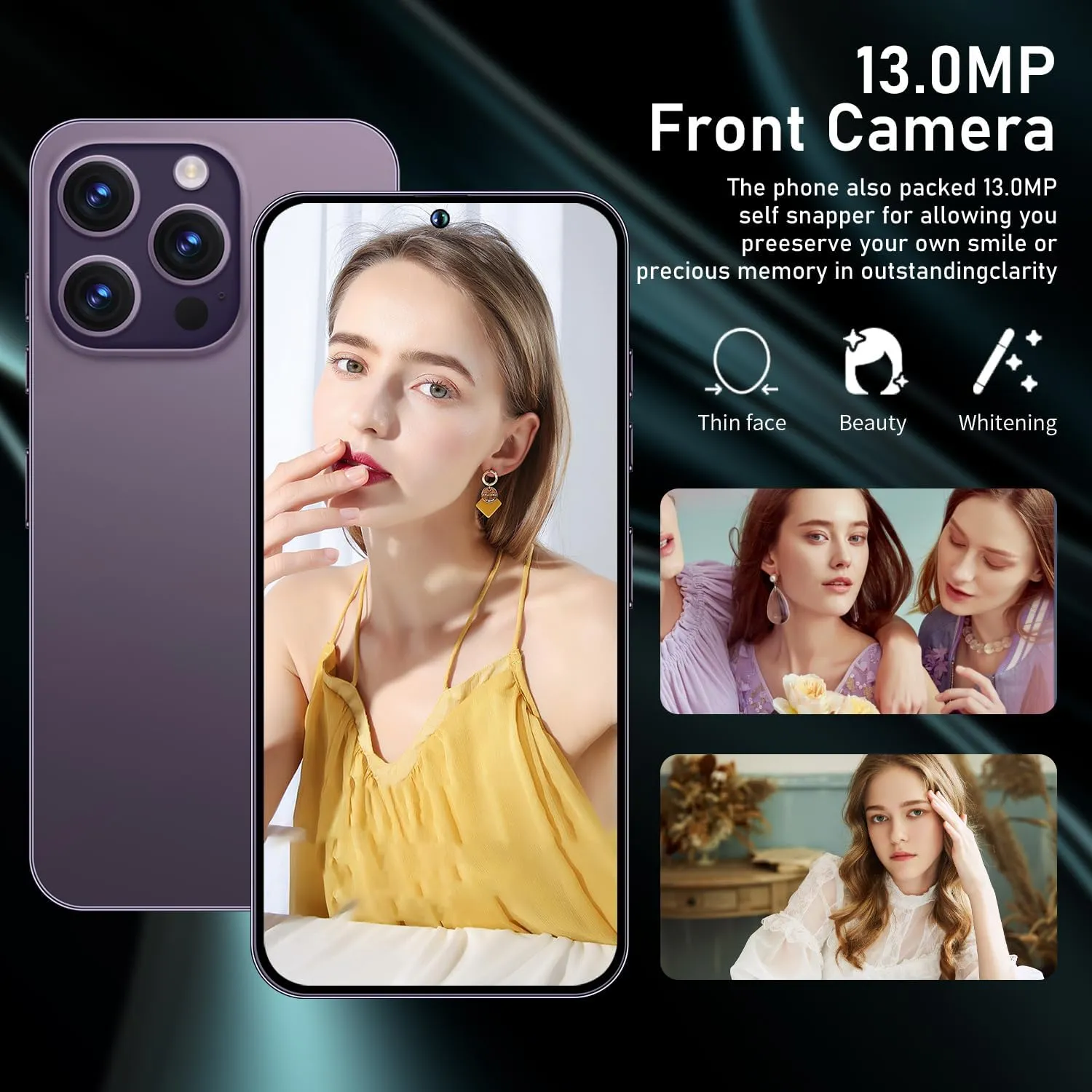 Phone A14ProMax Dual SIM Unlocked Phones for Intl Travel, 6.8 HD Android 13 Smartphone with Face ID/Fingerprint Lock, Snapdragon 8Gen2, 6800mAh 5G GPS (6GB 128GB, Purple)