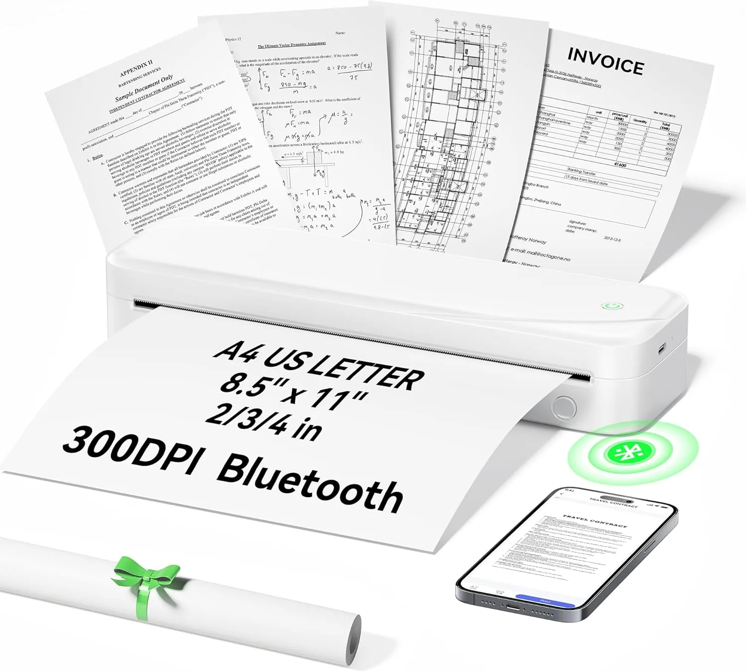 Portable Printers Wireless for Travel, Inkless Thermal Printer Support 8.5" X 11" US Letter & A4 Size, Mobile Bluetooth Printer Compatible with iOS, Android & Laptop for Home Office Car (White)