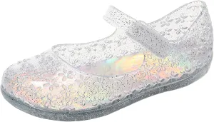 Princess Dress Sandals Jelly Shoes for Toddler Girls Size 8, Blue Bird Nest Layered Lines Mary Jane Flats Childrens Clear Glitter with Hollow-Carved