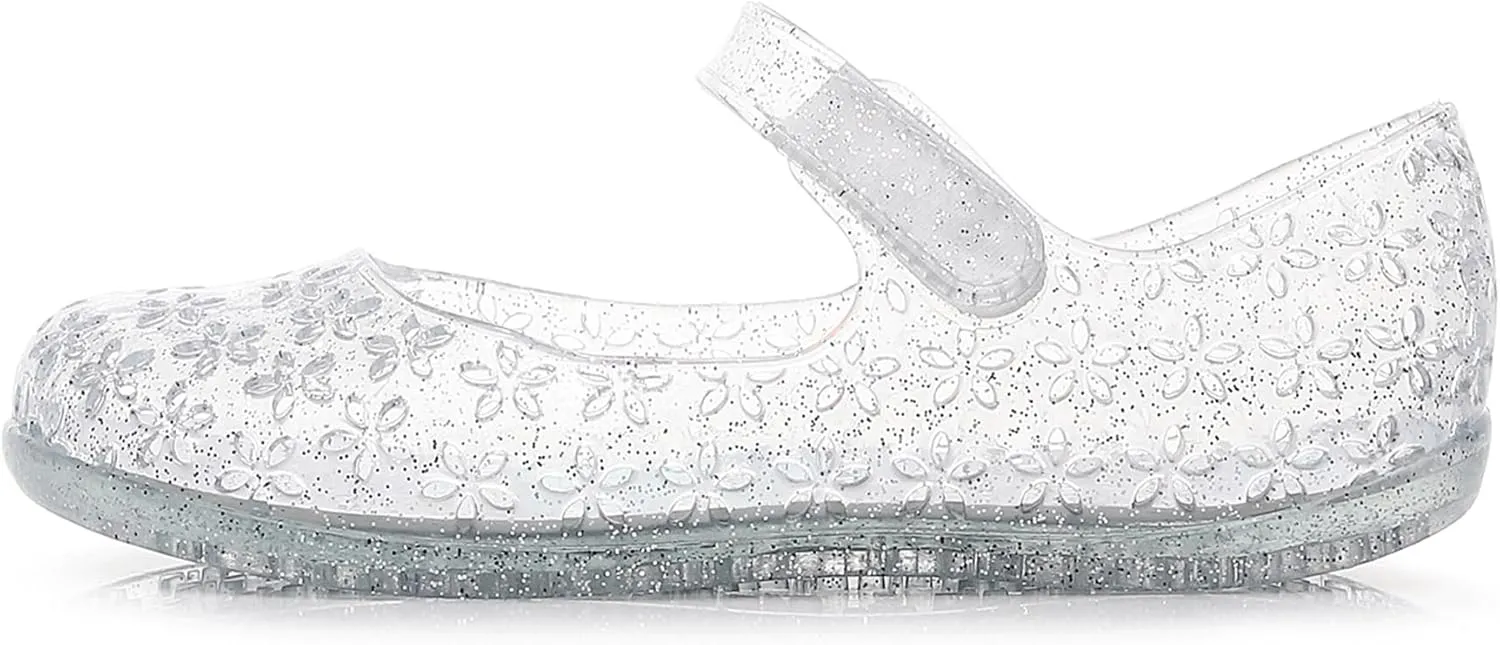 Princess Dress Sandals Jelly Shoes for Toddler Girls Size 8, Blue Bird Nest Layered Lines Mary Jane Flats Childrens Clear Glitter with Hollow-Carved
