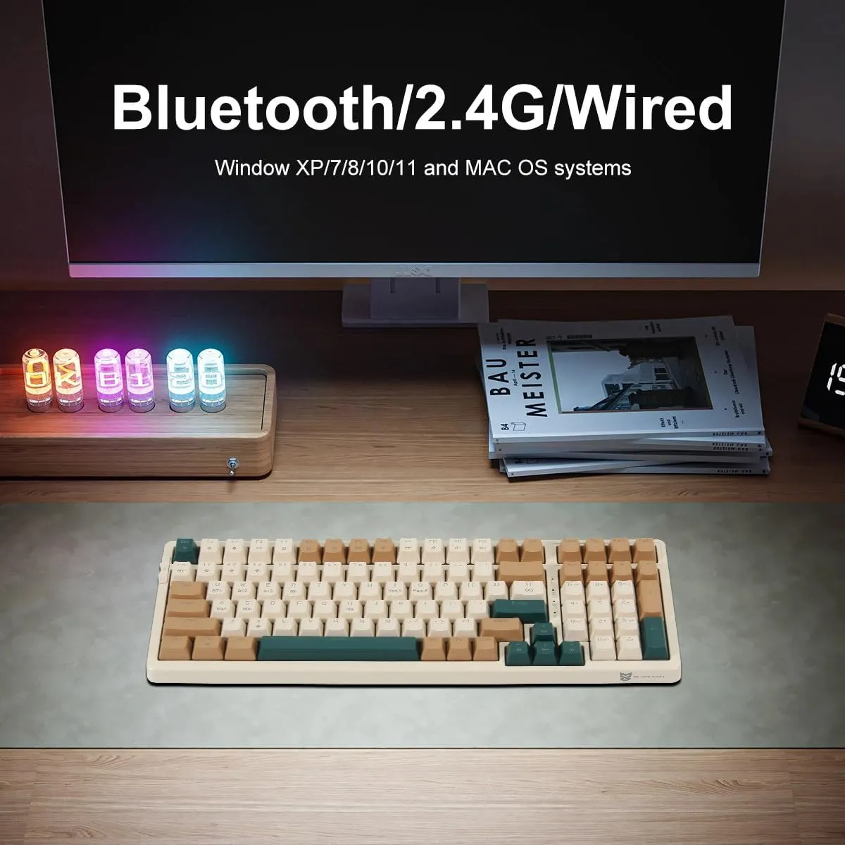 Qisan Wireless/Wired Mechanical Keyboard, Triple Mode 2.4G/USB-C/BT Wireless Gaming Keyboard, 100 Keys (98%) US Layout Brown Switch Rechargeable RGB Backlit Keyboard | Brown Combo