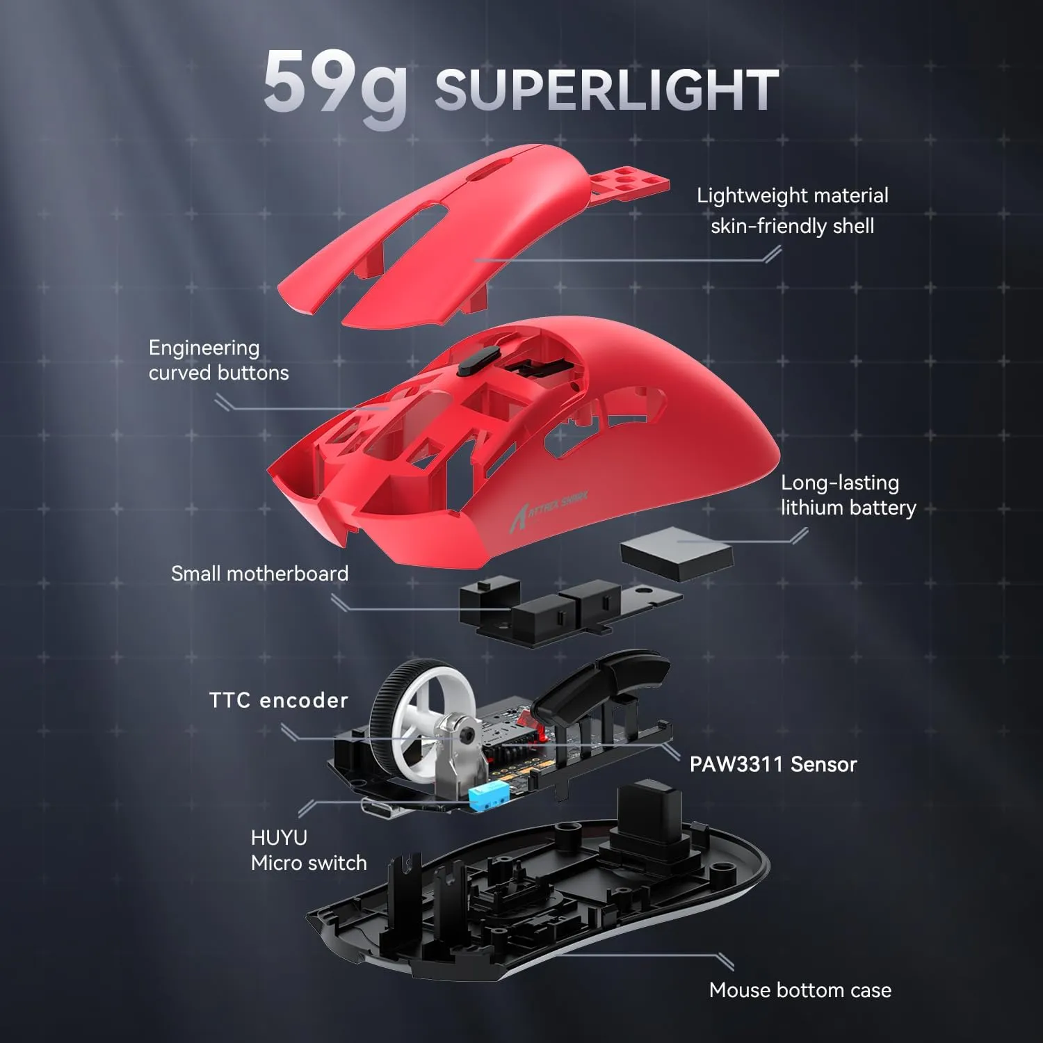 R1 Wireless Gamin Mouse, 59g Lightweight Tri-mode BT5.2/2.4GHz/Wired Computer Mouse, PixArt PAW3311 18K DPI Optical Sensor, 7 Programmable Buttons, Long Battery Life Mouse for PC/Mac (Red)