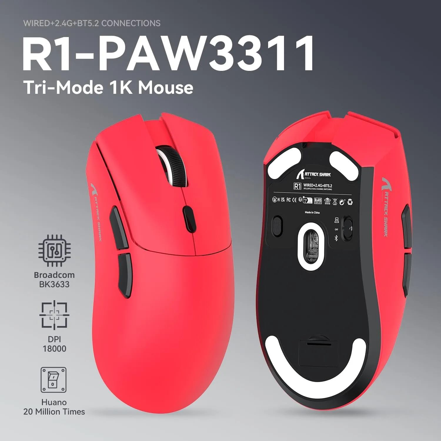R1 Wireless Gamin Mouse, 59g Lightweight Tri-mode BT5.2/2.4GHz/Wired Computer Mouse, PixArt PAW3311 18K DPI Optical Sensor, 7 Programmable Buttons, Long Battery Life Mouse for PC/Mac (Red)