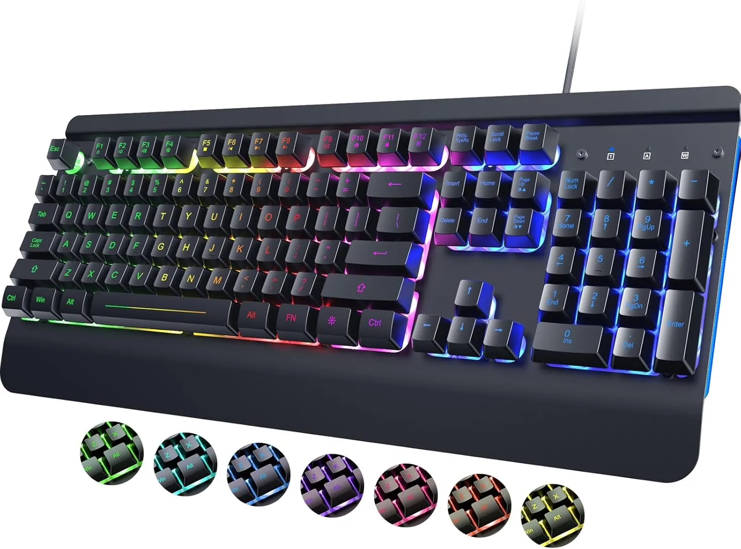 RisoPhy PC419 RGB Gaming Keyboard, 7 Single Color Backlits, 104 Keys Metal Panel, Silent Keys, Wrist Rest, Full Size Waterproof Light Up for PC Laptop Mac Gamer