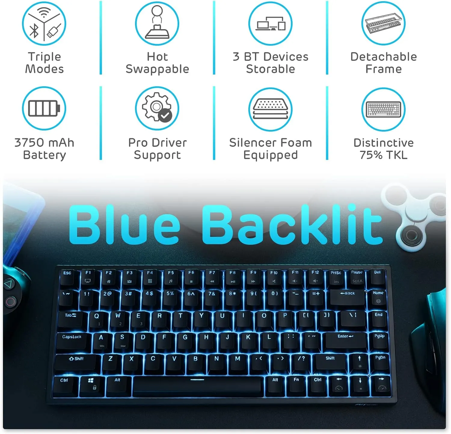 RK ROYAL KLUDGE RK84 Blue Backlit 75% Triple Mode BT5.0/2.4G/USB-C Hot Swappable Mechanical Keyboard, 84 Keys Tenkeyless Mechanical Keyboard w/Detachable Frame & Programmable Software, Blue Switch