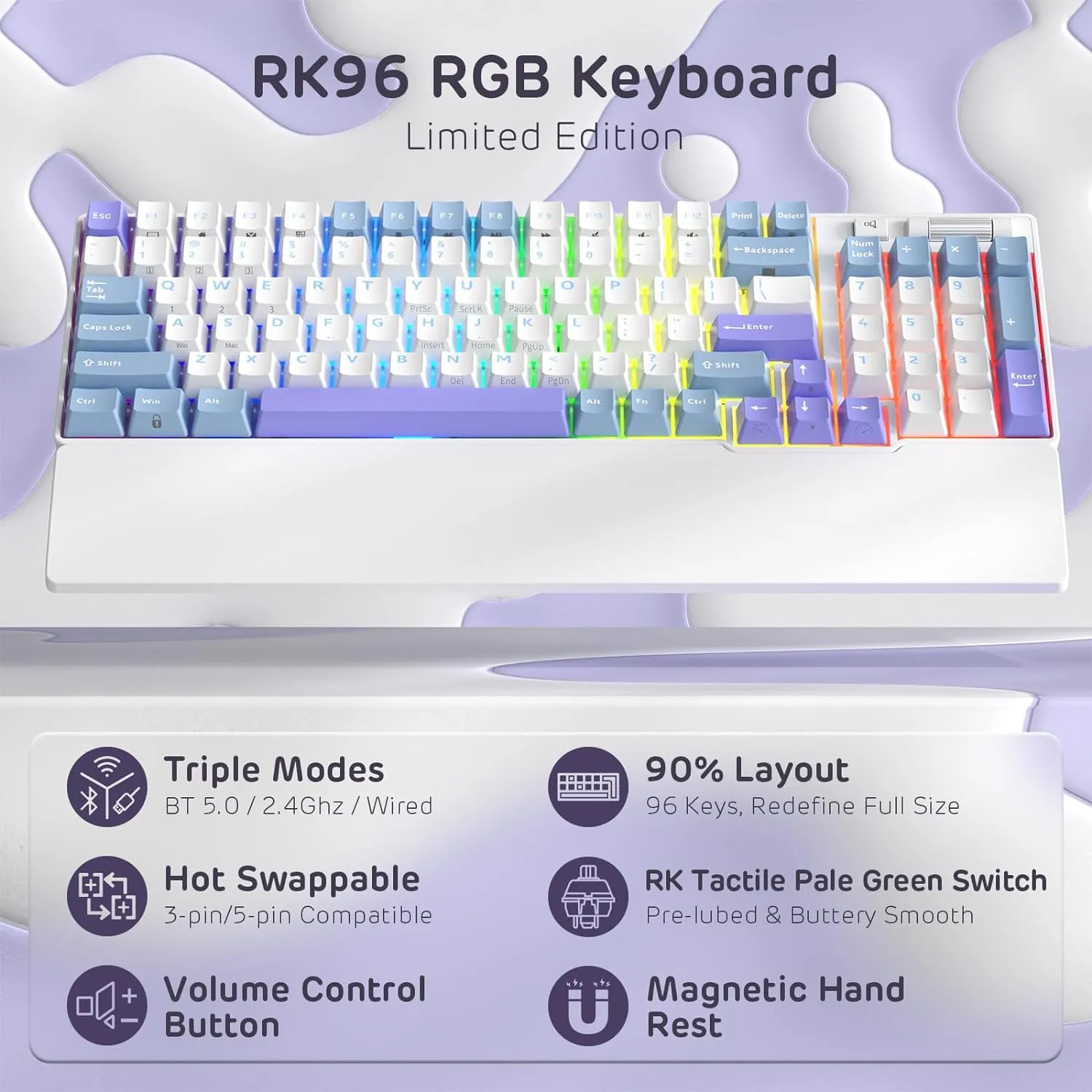 RK ROYAL KLUDGE RK96 RGB Limited Ed, 90% 96 Keys Wireless 3-Mode BT5.0/2.4G/USB-C Hot Swappable Mechanical Keyboard w/Wrist Rest, Volume Control, Software, Massive Battery, RK Pale Green Switch