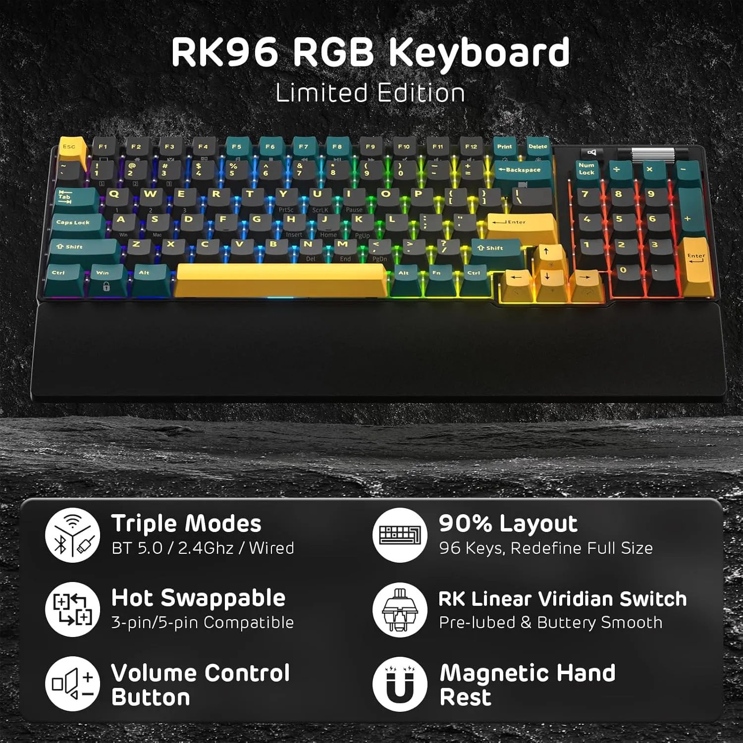 RK ROYAL KLUDGE RK96 RGB Limited Ed, 90% 96 Keys Wireless 3-Mode BT5.0/2.4G/USB-C Hot Swappable Mechanical Keyboard w/Wrist Rest, Volume Control, Software, Massive Battery, RK Viridian Switch