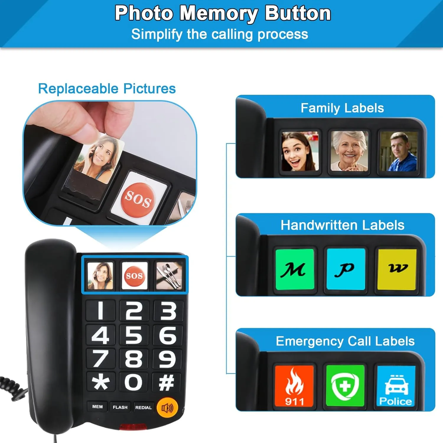 Sangyn Landline Phones for Seniors with Large Button Corded Telephone for Home with Amplified Loud Ringer Volume Adjustable One-Touch Dialing Big Button Telephones for Visually Hearing Impaired,Black