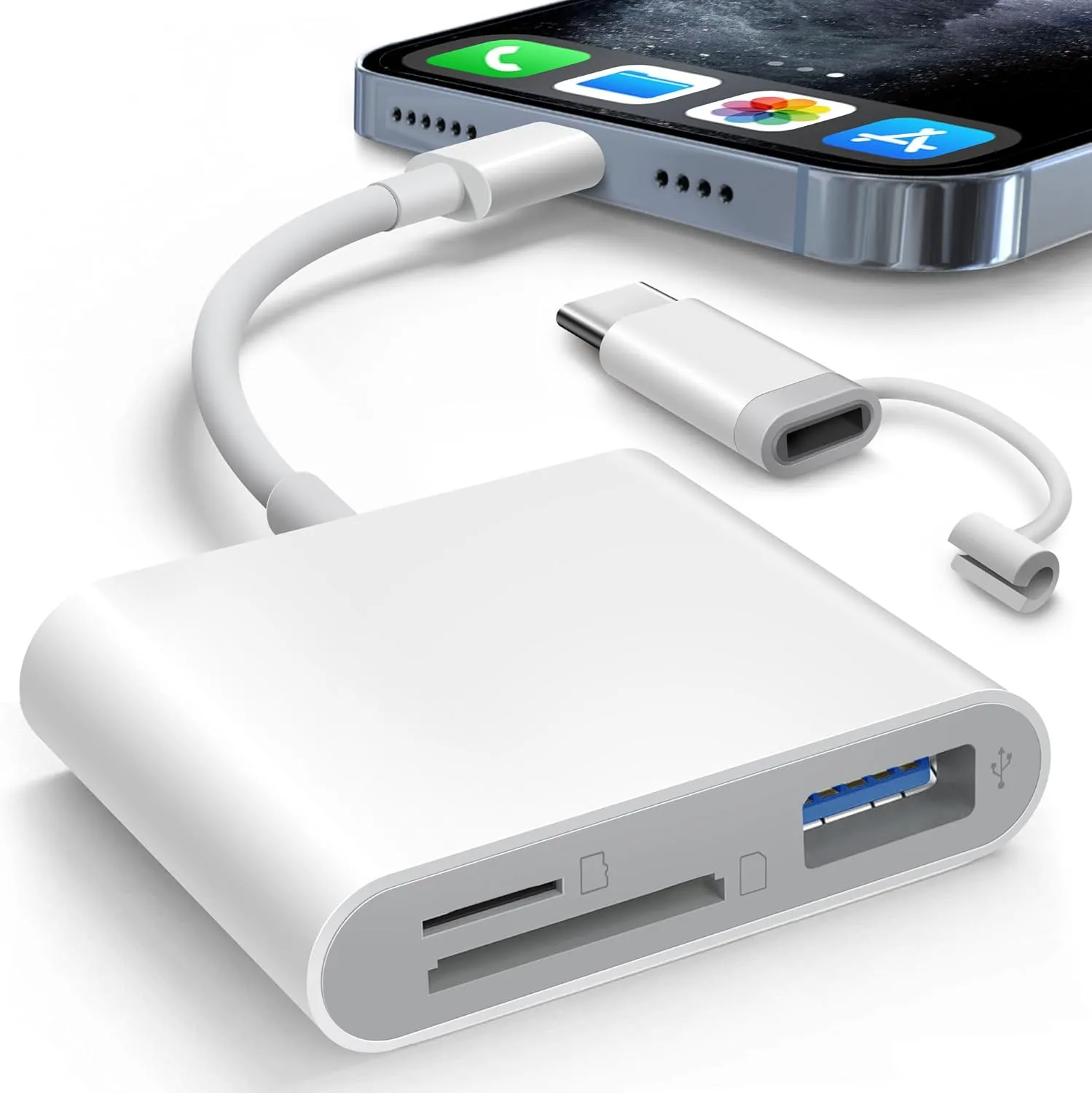 SD Card Reader for iPhone iPad Built-in Lightening & USB-C Dual Connectors Card Adapter with SD MicroSD USB-A 3 Slots Trail Camera Memory Card Viewer, Portable No App Required Plug and Play