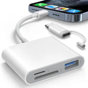 SD Card Reader for iPhone iPad Built-in Lightening & USB-C Dual Connectors Card Adapter with SD MicroSD USB-A 3 Slots Trail Camera Memory Card Viewer, Portable No App Required Plug and Play