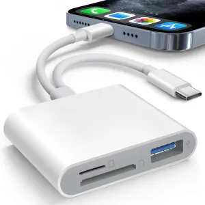 SD Card Reader for iPhone iPad Trail Camera Viewer Built-in Dual Connector Card Reader with SD MicroSD USB-A 3 Slots, Portable No App Required Plug and Play - White