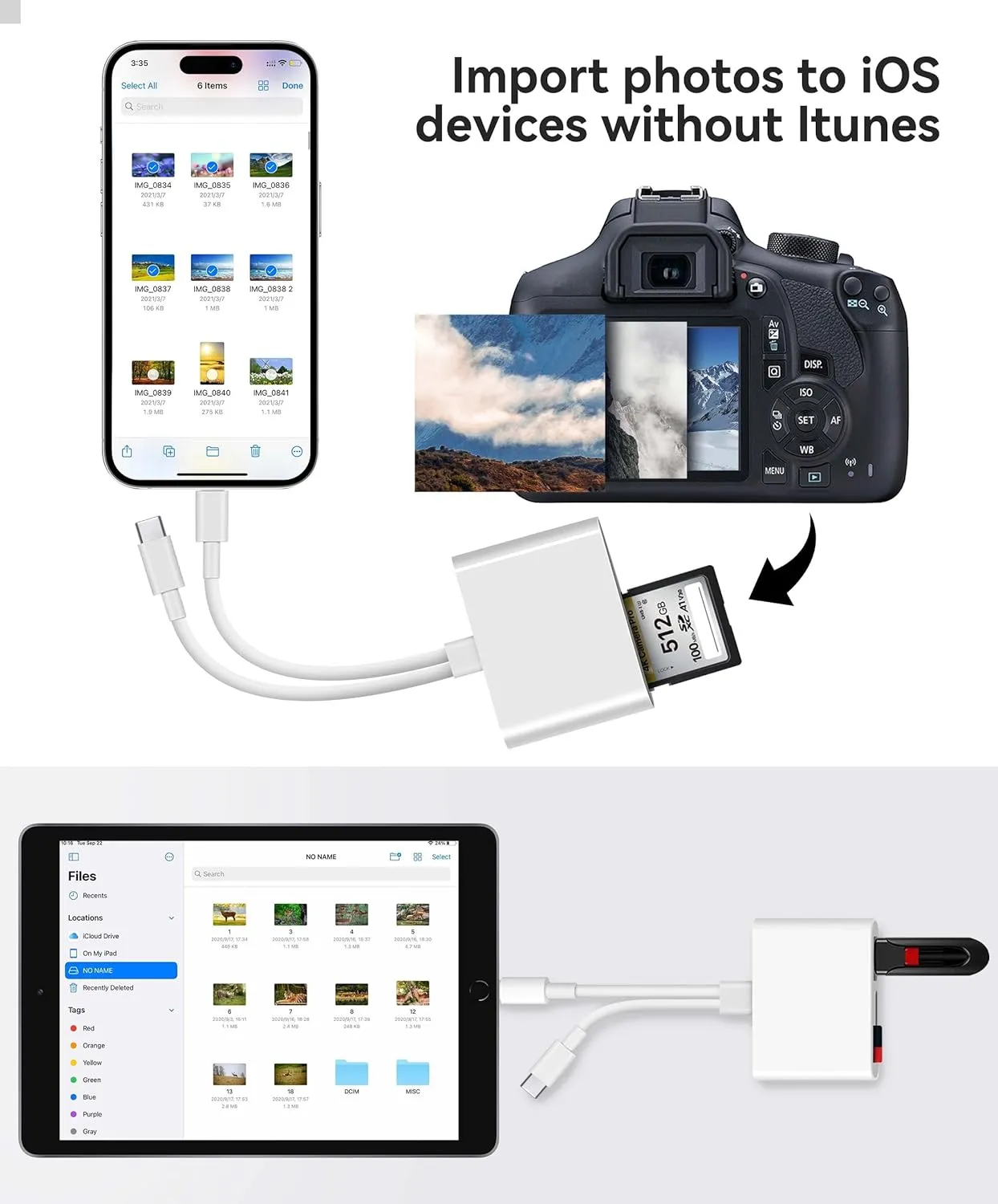 SD Card Reader for iPhone iPad Trail Camera Viewer Built-in Dual Connector Card Reader with SD MicroSD USB-A 3 Slots, Portable No App Required Plug and Play - White