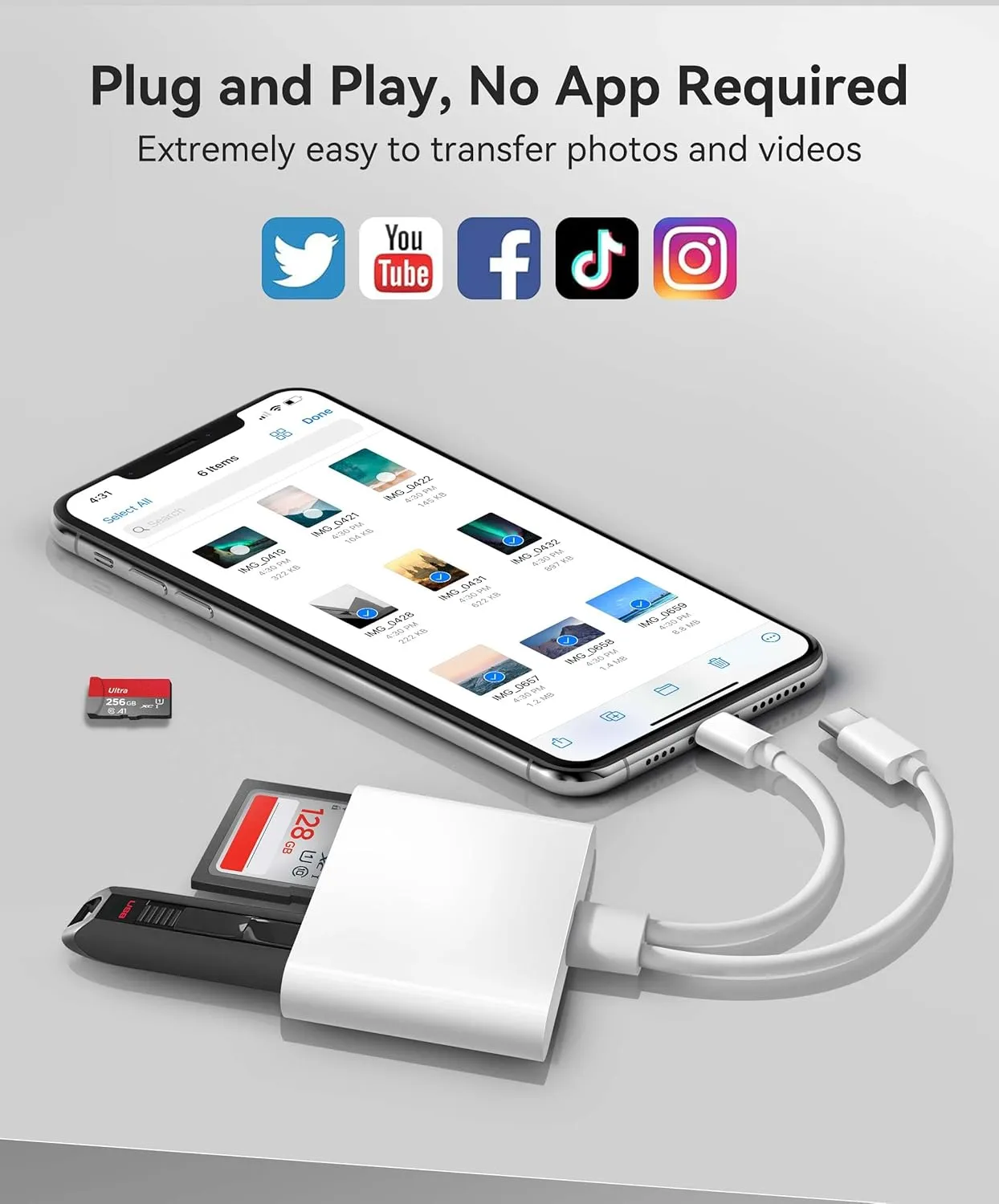 SD Card Reader for iPhone iPad Trail Camera Viewer Built-in Dual Connector Card Reader with SD MicroSD USB-A 3 Slots, Portable No App Required Plug and Play - White