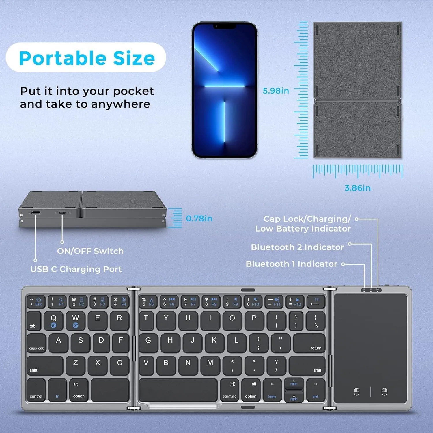 seenda Foldable Bluetooth Keyboard for Travel, Tri-Folding Wireless Portable Keyboard with Touchpad, Rechargeable Multi-Device Small Keyboard, for Laptop Tablet PC Smartphone Windows iOS Android