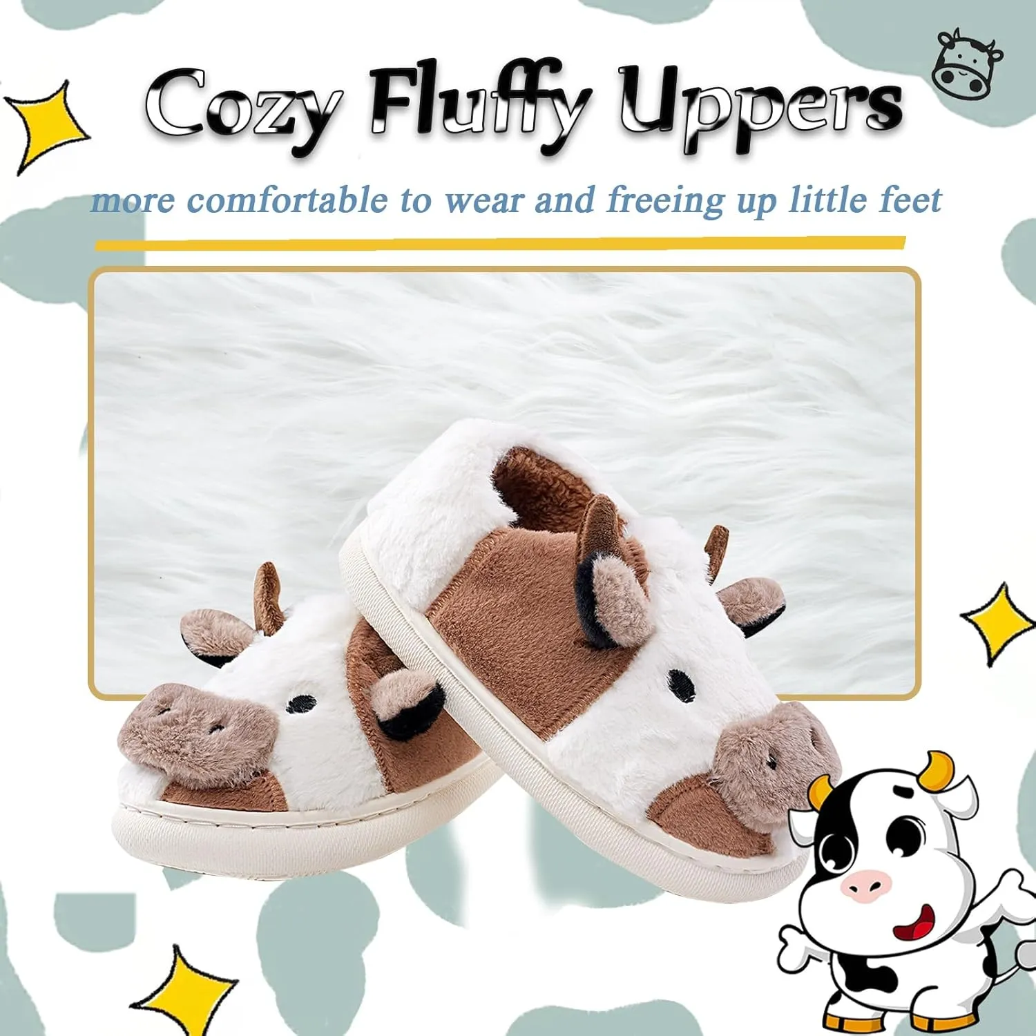 sharllen Toddler Cartoon Cow Cotton Slippers,Girls Boys Cute Indoor Outdoor Plush Animal Cow Shoes Cozy Soft Warm Fluffy Slip-on Home Cow Slipper for Little Kids