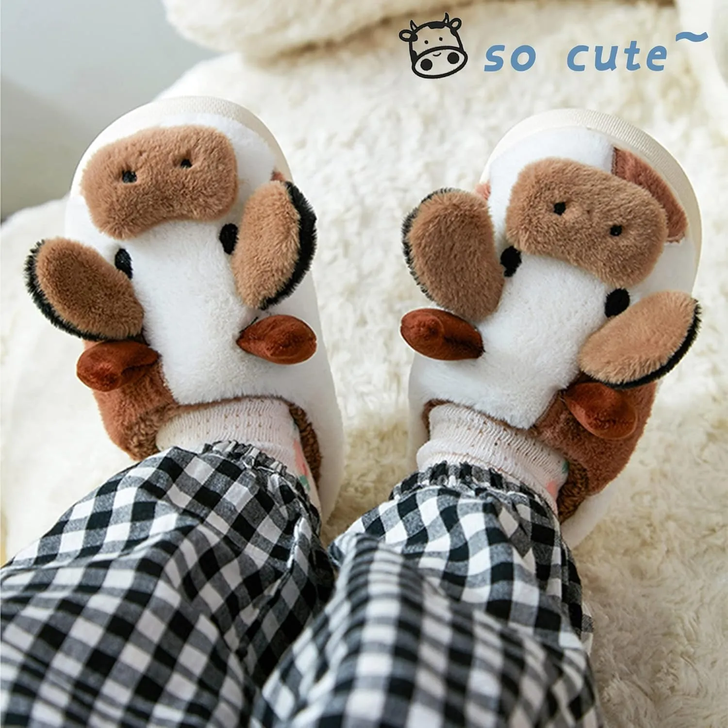 sharllen Toddler Cartoon Cow Cotton Slippers,Girls Boys Cute Indoor Outdoor Plush Animal Cow Shoes Cozy Soft Warm Fluffy Slip-on Home Cow Slipper for Little Kids