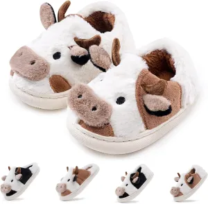 sharllen Toddler Cartoon Cow Cotton Slippers,Girls Boys Cute Indoor Outdoor Plush Animal Cow Shoes Cozy Soft Warm Fluffy Slip-on Home Cow Slipper for Little Kids