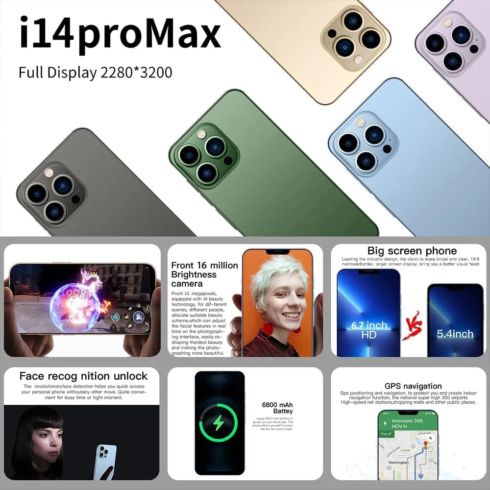Smartphone Unlocked Cell Phone IP14pro 6.7inch HD Cheap Phones 2GB/16GB Android 10 Straight Talk Phone 5000mAh 128GB Extension Dual Sim Boost Mobile Phones (Blue)
