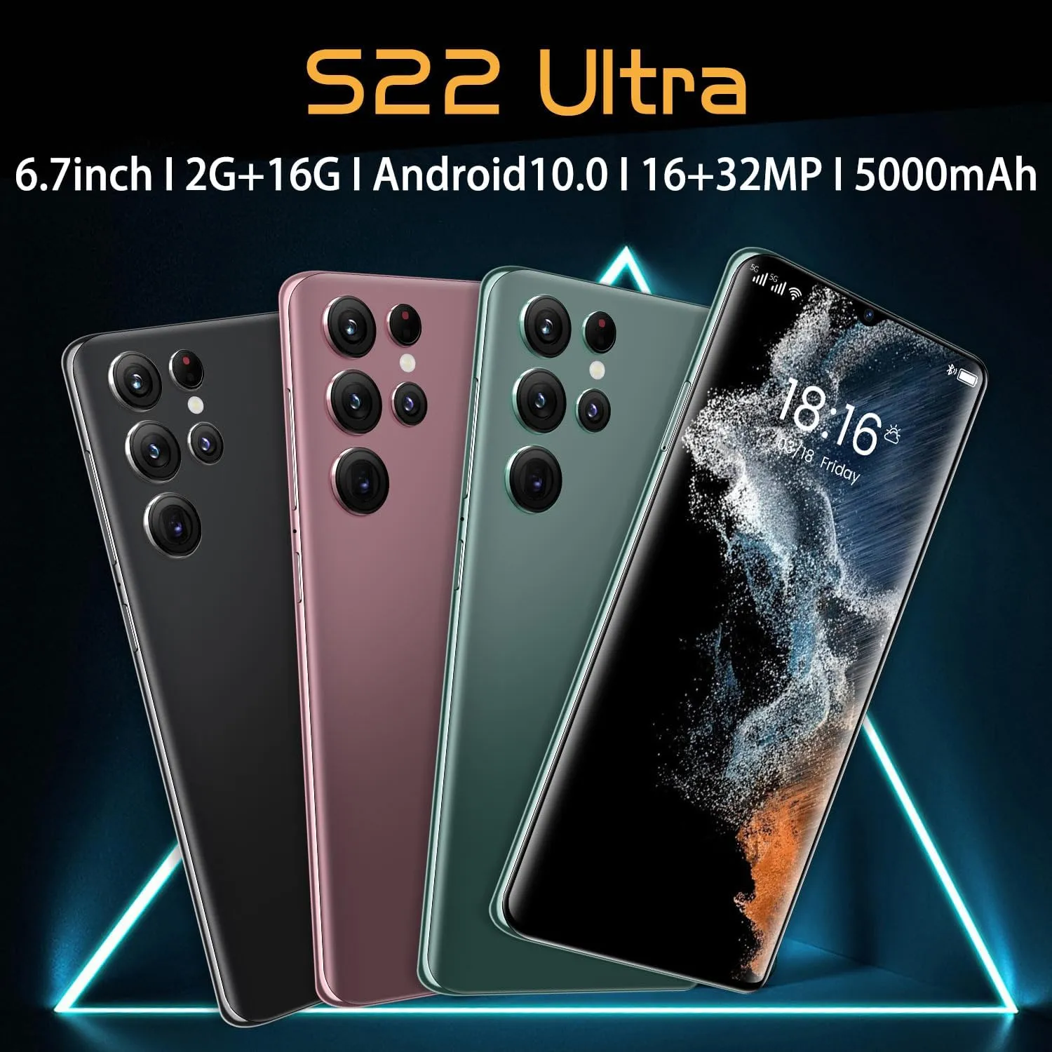 Smartphone Unlocked Cell Phones S22 Ultra 6.7in HD Screen The Black Phone 2GB/16GB Android 10 Straight Talk Phone 6800mAh 128GB Extension Dual Sim Boost Mobile Phones Telefonos (Black)