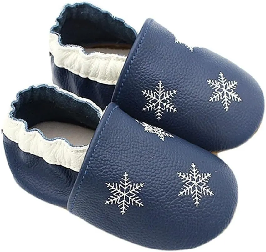 Soft Leather Slippers Baby occasins with Rubber Sole, Anti-Slip Infant Toddler First Walking Shoes for Little