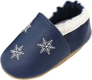Soft Leather Slippers Baby occasins with Rubber Sole, Anti-Slip Infant Toddler First Walking Shoes for Little