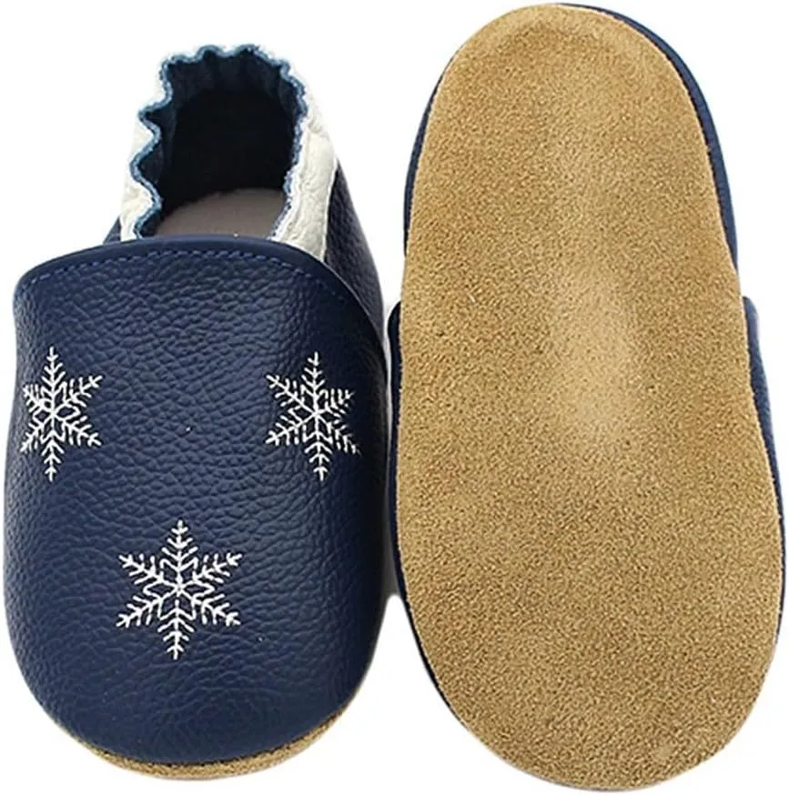 Soft Leather Slippers Baby occasins with Rubber Sole, Anti-Slip Infant Toddler First Walking Shoes for Little