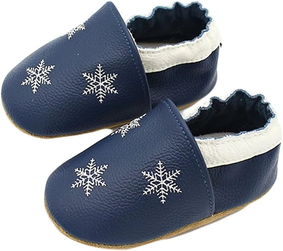 Soft Leather Slippers Baby occasins with Rubber Sole, Anti-Slip Infant Toddler First Walking Shoes for Little