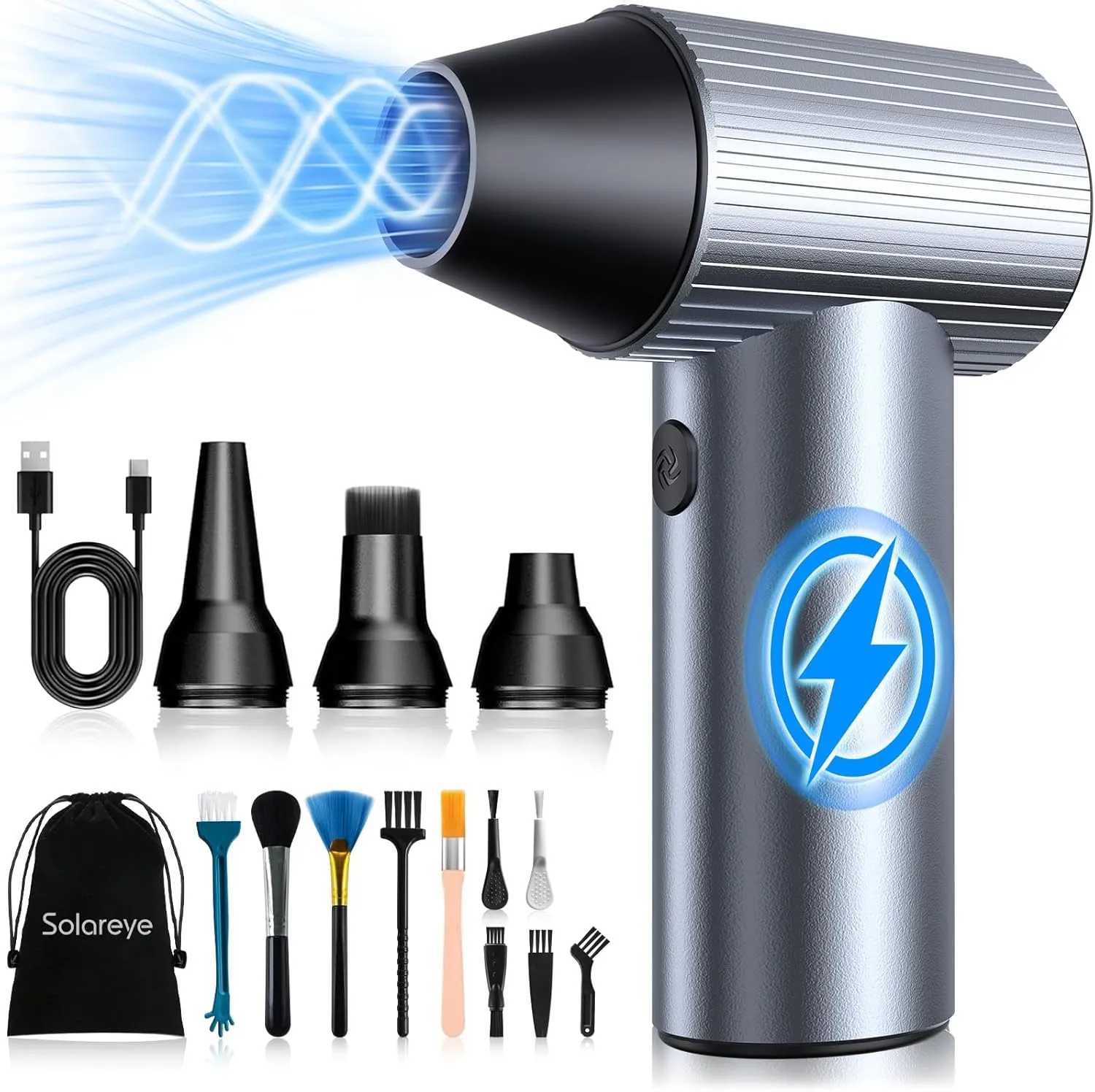 Solareye Electric Air Duster - 300000RPM Compressed Air Duster with Brushless Motor - Cordless Air Blower Rechargeable- 3 Gears Adjustable Jet Dry Blower for Cleaning Keyboard PC Car Home Outdoors