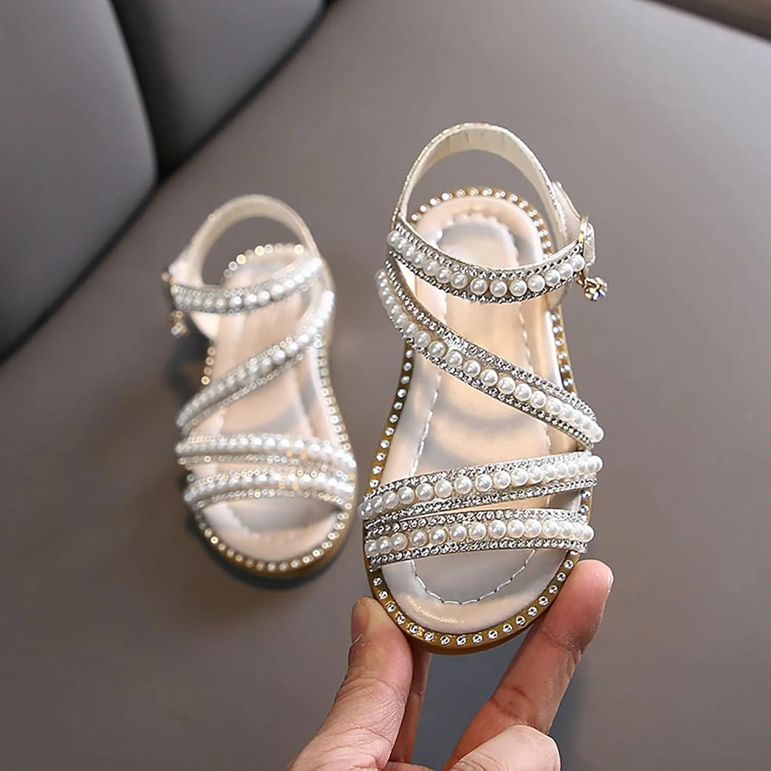 Summer Girls' Sandals Korean Edition Little Girls' Pearl Open Toe Princess Shoes Little Medium And Toddler Girl Slides