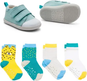 Ten Little First Walker Kids Shoes & Crew Socks Bundle for Baby & Toddler Boys & Girls, Ocean Blue Shoe Size 4.5, Crew Socks with Non-Skid Grips 4 Pk