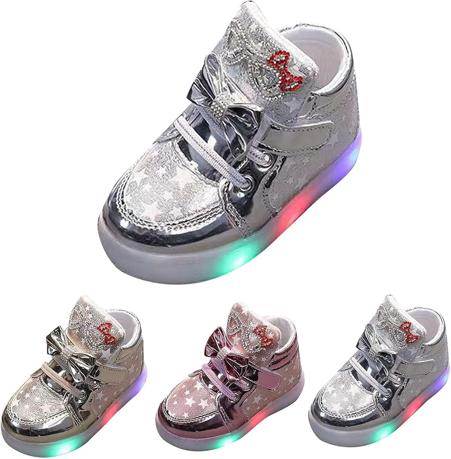 Toddler Baby Light Up Shoes Kids Girls Non Slip Glitter High Top Sneakers Fashion Child Flashing Mesh Wide Sport Shoes