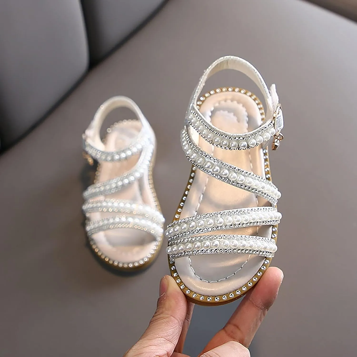 Toddler Girls Pearl Sandals Open Toe Kids Cute Flat Shoes Adjustable Slip On Soft Sole Weeding School Outdoor
