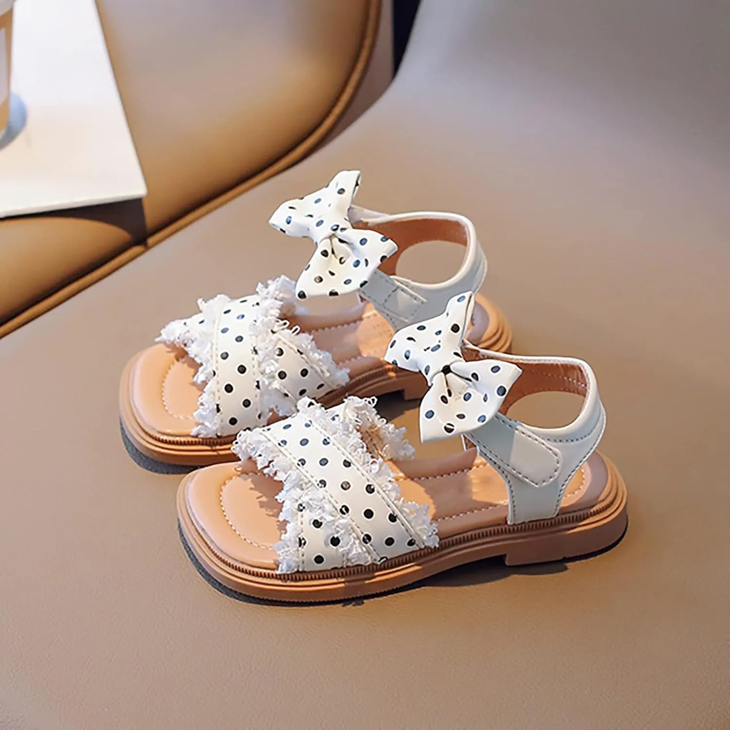 Toddler Kids Girl Open-toe Casual Sandal Low Heel Hook & Loop Ankle Strap Bow Soft Sole Party Dress Shoes