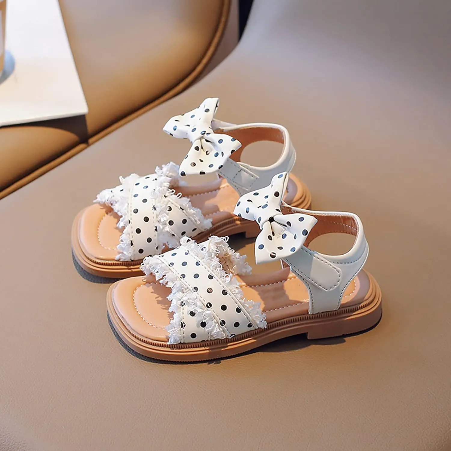 Toddler Kids Girl Open-toe Casual Sandal Low Heel Hook & Loop Ankle Strap Bow Soft Sole Party Dress Shoes