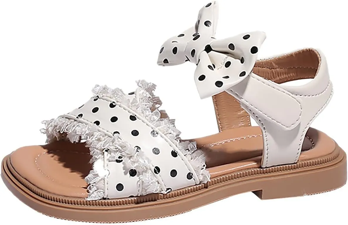 Toddler Kids Girl Open-toe Casual Sandal Low Heel Hook & Loop Ankle Strap Bow Soft Sole Party Dress Shoes