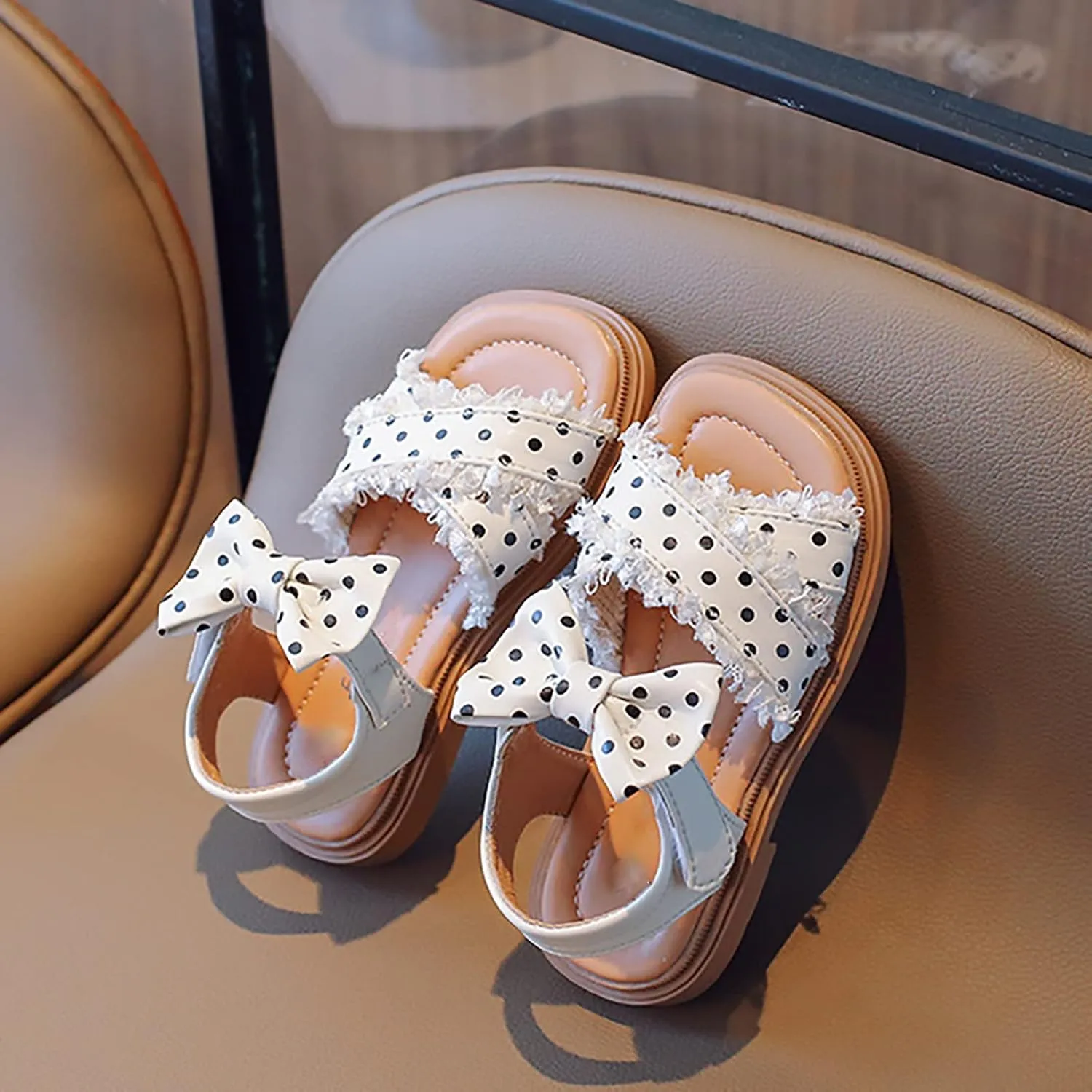 Toddler Kids Girl Open-toe Casual Sandal Low Heel Hook & Loop Ankle Strap Bow Soft Sole Party Dress Shoes