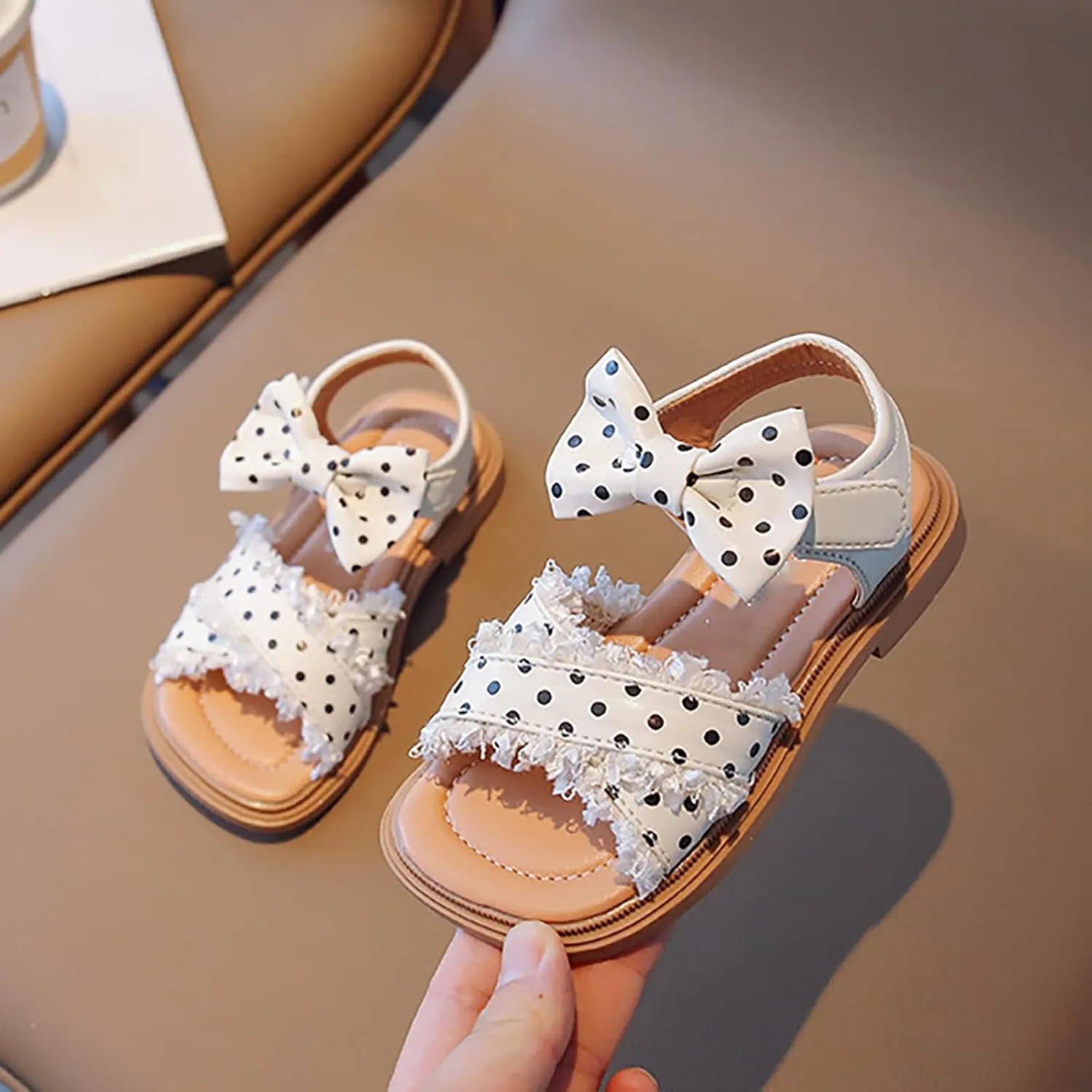 Toddler Kids Girl Open-toe Casual Sandal Low Heel Hook & Loop Ankle Strap Bow Soft Sole Party Dress Shoes