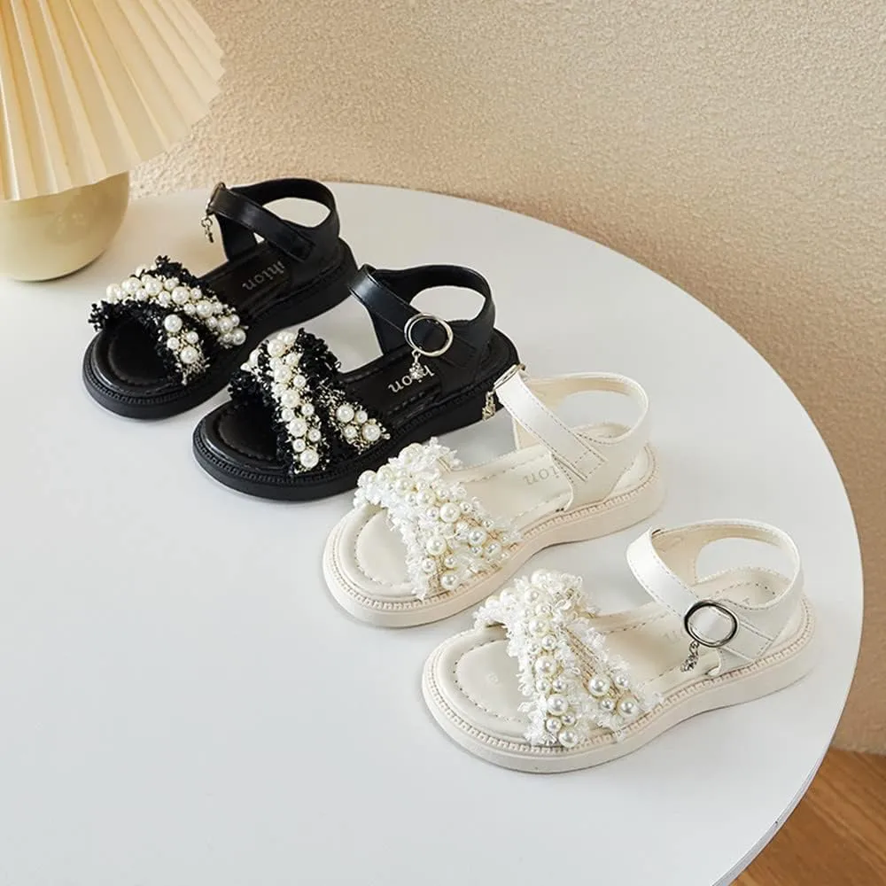Toddler Little Big Kids Girls Summer Outdoor Pearls Glitter Cute Open Toe Flats Dress Sandals Non-Slip Soft Rubber Sole Summer Walking Shoes