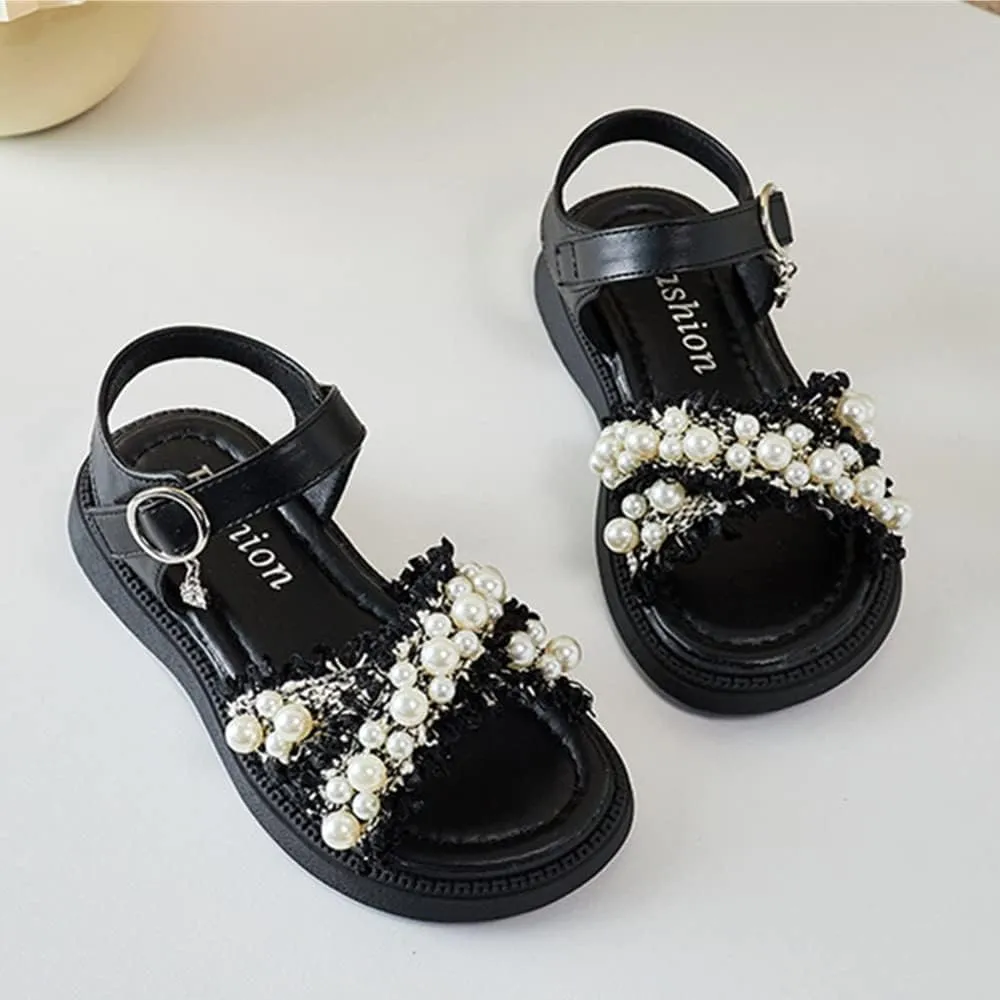 Toddler Little Big Kids Girls Summer Outdoor Pearls Glitter Cute Open Toe Flats Dress Sandals Non-Slip Soft Rubber Sole Summer Walking Shoes
