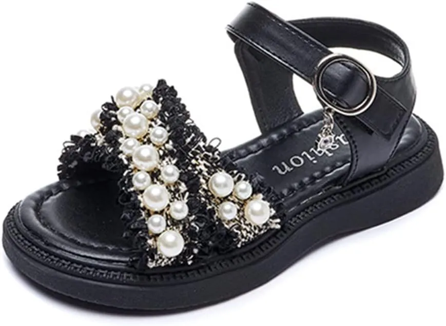 Toddler Little Big Kids Girls Summer Outdoor Pearls Glitter Cute Open Toe Flats Dress Sandals Non-Slip Soft Rubber Sole Summer Walking Shoes