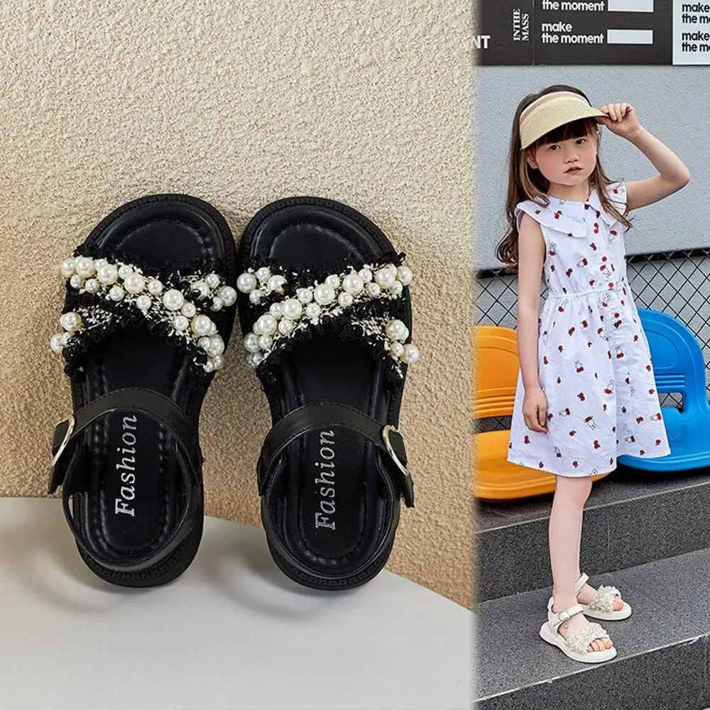 Toddler Little Big Kids Girls Summer Outdoor Pearls Glitter Cute Open Toe Flats Dress Sandals Non-Slip Soft Rubber Sole Summer Walking Shoes