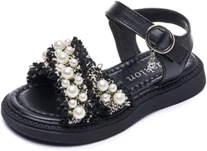 Toddler Little Big Kids Girls Summer Outdoor Pearls Glitter Cute Open Toe Flats Dress Sandals Non-Slip Soft Rubber Sole Summer Walking Shoes
