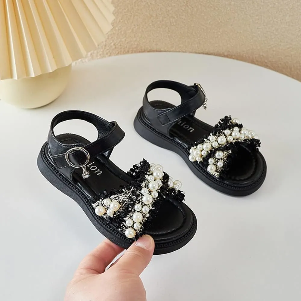 Toddler Little Big Kids Girls Summer Outdoor Pearls Glitter Cute Open Toe Flats Dress Sandals Non-Slip Soft Rubber Sole Summer Walking Shoes