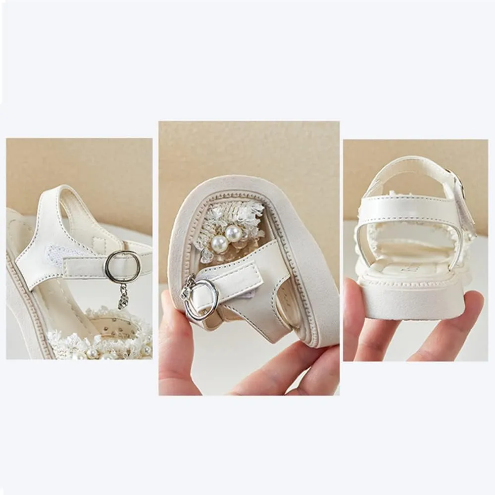 Toddler Little Big Kids Girls Summer Outdoor Pearls Glitter Cute Open Toe Flats Dress Sandals Non-Slip Soft Rubber Sole Summer Walking Shoes