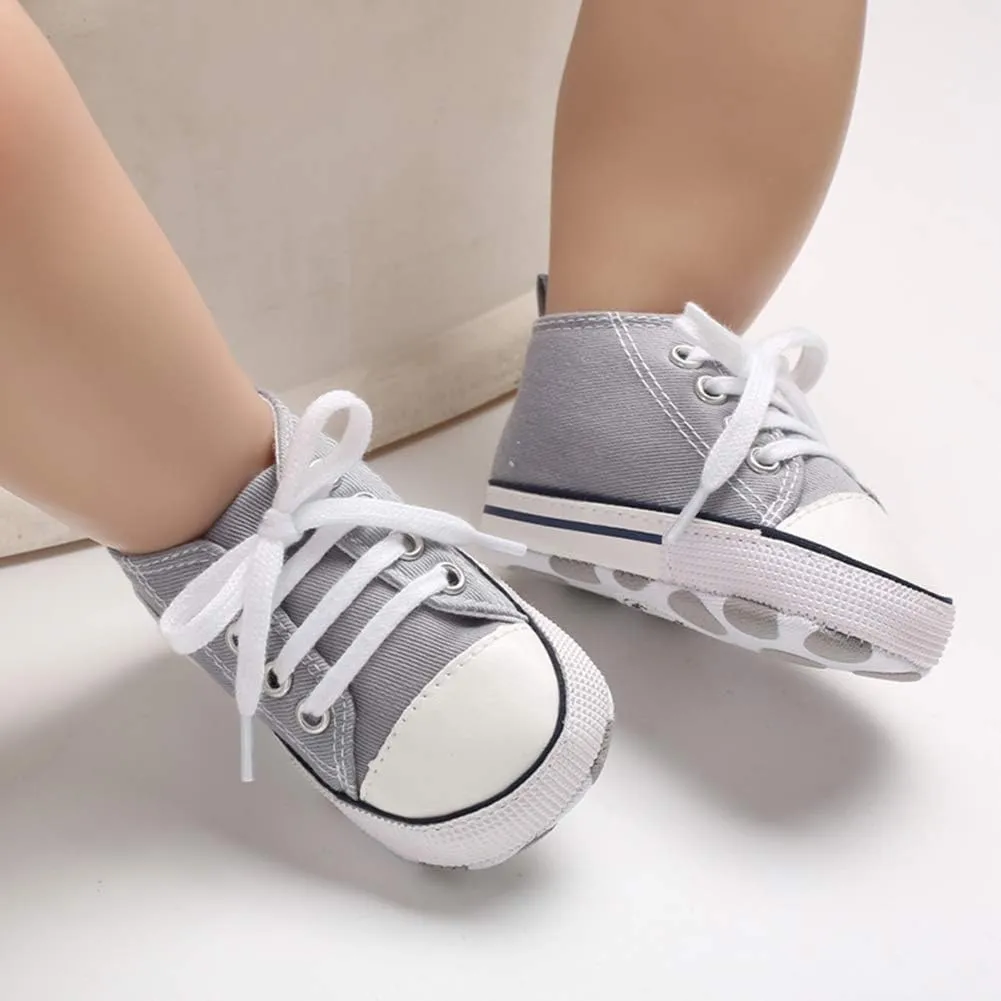 Unisex Baby Soft Sole Sneakers, Canvas Denim High Top, Newborn Infant First Walkers