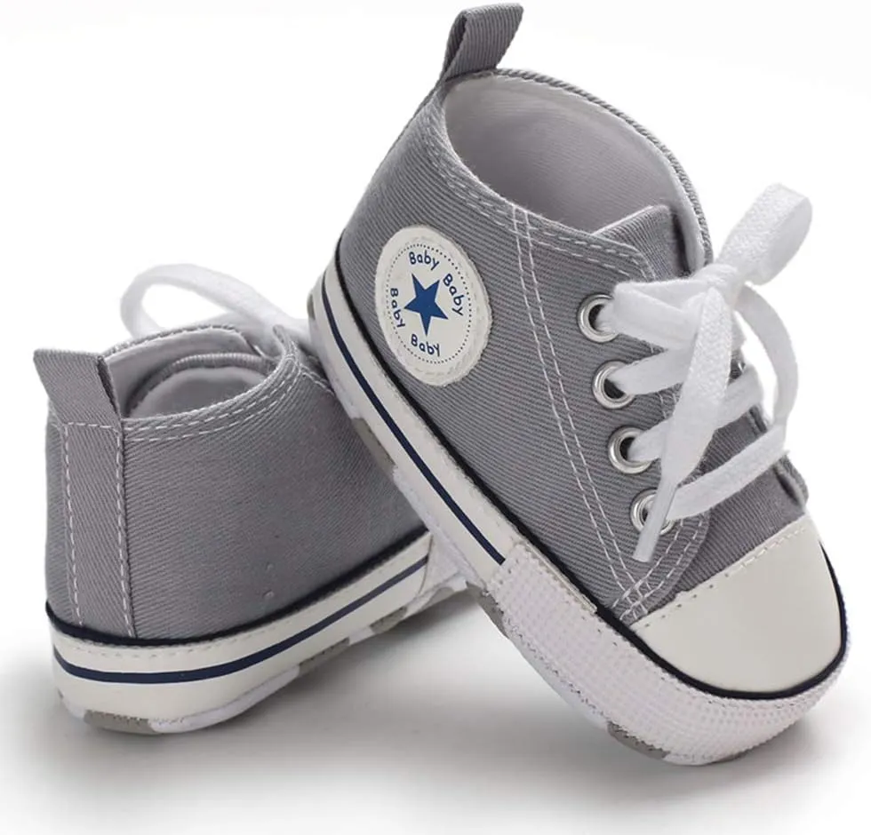 Unisex Baby Soft Sole Sneakers, Canvas Denim High Top, Newborn Infant First Walkers
